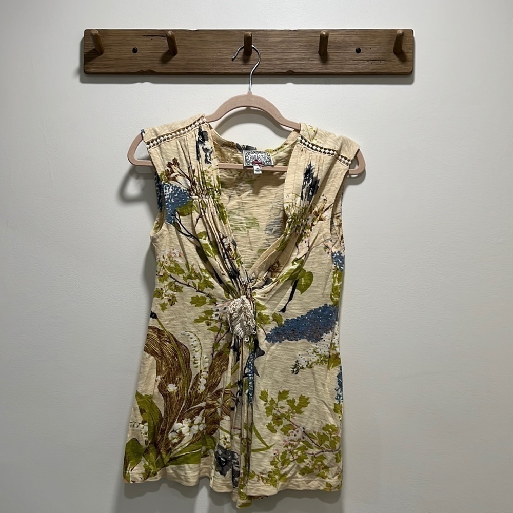 ANTHROPOLOGIE YOANA BARASCHI Mint Julep Floral Ruffle Top Size Medium Sleeveless